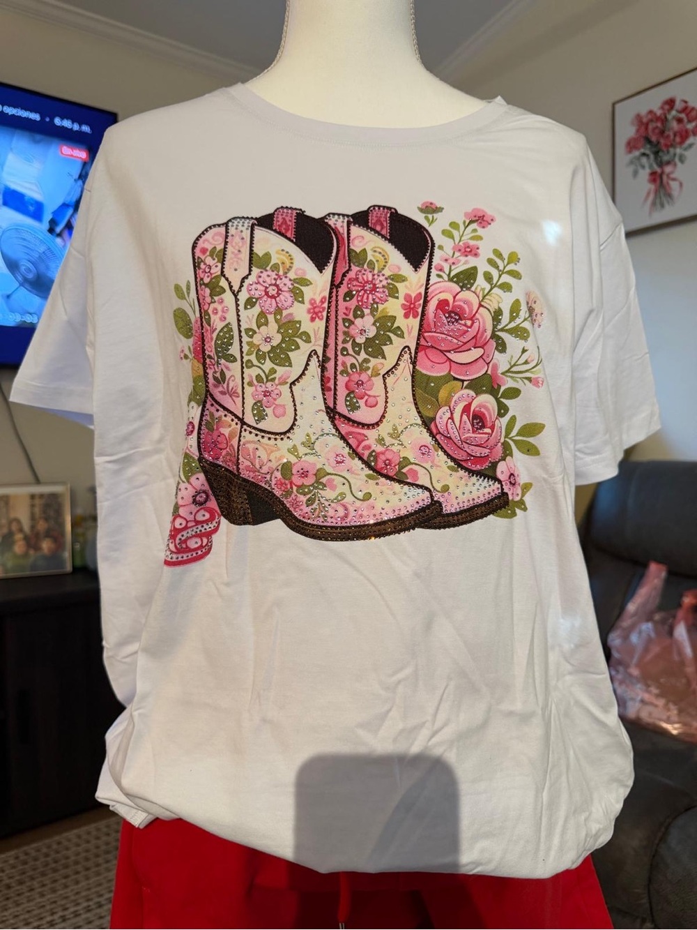 White Tee with Pink Floral Cowboy Boot Graphic - Women's Casual Top